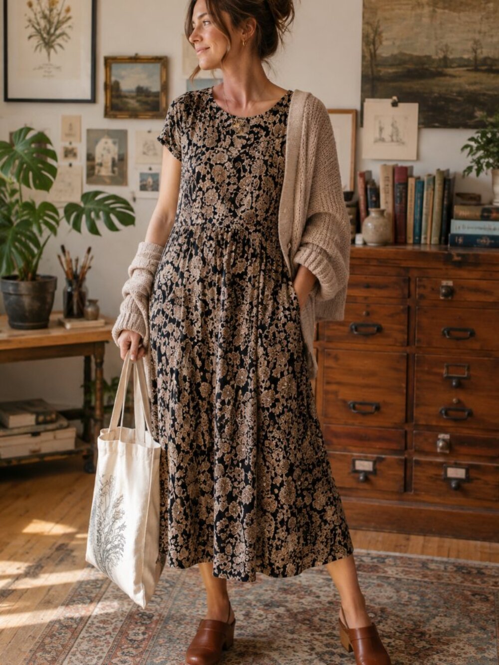 Vintage Rayon Botanical Midi Dress Art Teacher Cottagecore Lagenlook 12 ✨